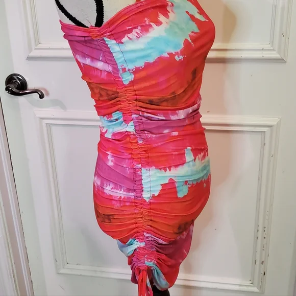 Pretty Little Thing Pink Multi Asymmetric Strap Ruched Bodycon Dress, Size 6 - Picture 7 of 16